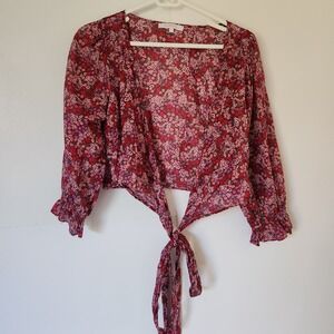 Oliveaceous Red Floral Tie Front Crop Top Blouse Long Sleeve Size Small